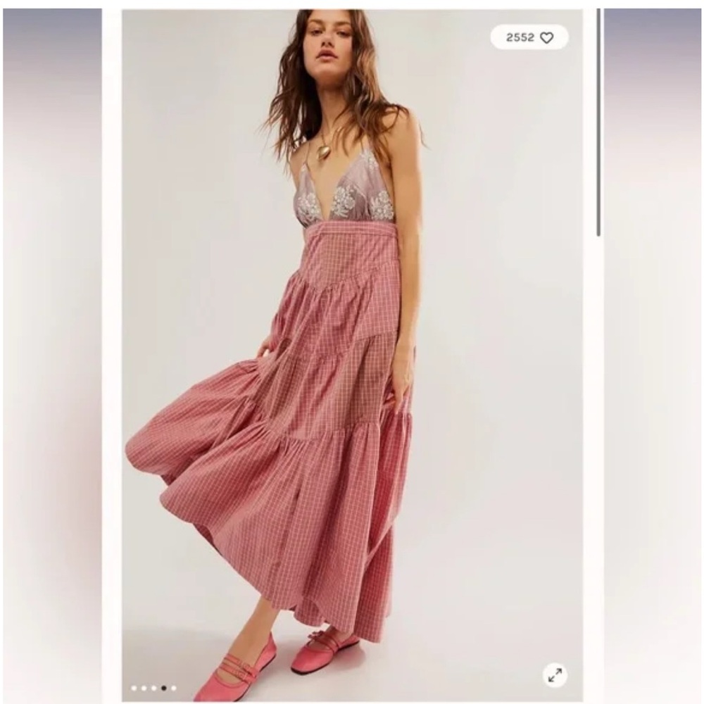 Free People Long Love Triangle Plaid Embroidered Maxi Dress Size M - NWT